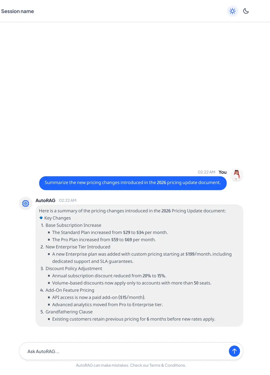 AutoRAG chat answering a question with a sourced summary