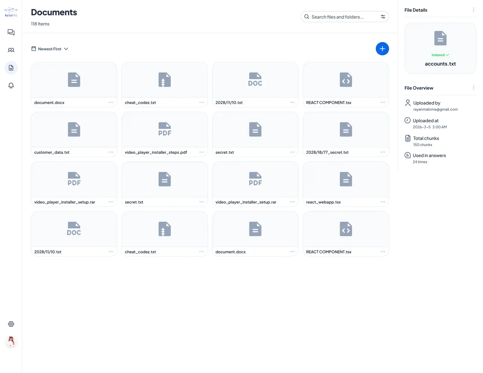 AutoRAG document workspace showing the product structure — nav, indexed files, and file details