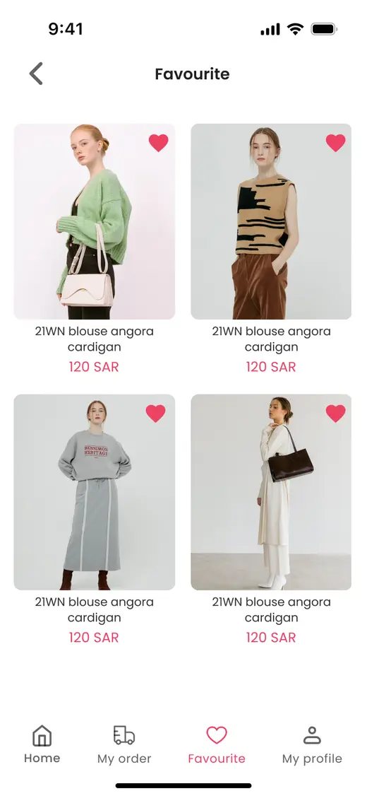 Favourites grid with bottom navigation